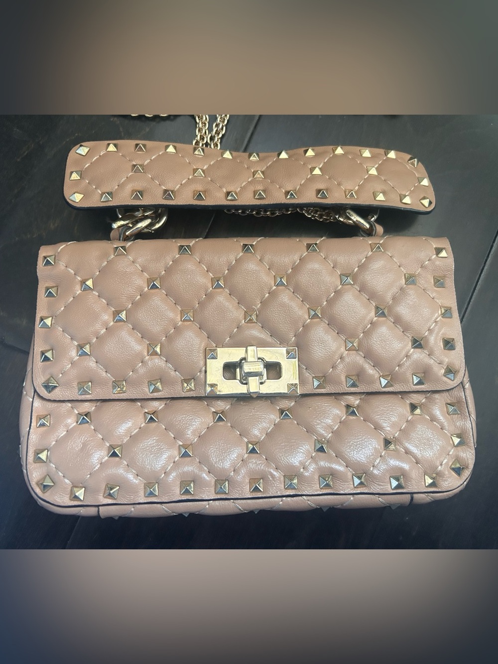 Valentino Rockstud Quilted Shoulder Bag in Taupe